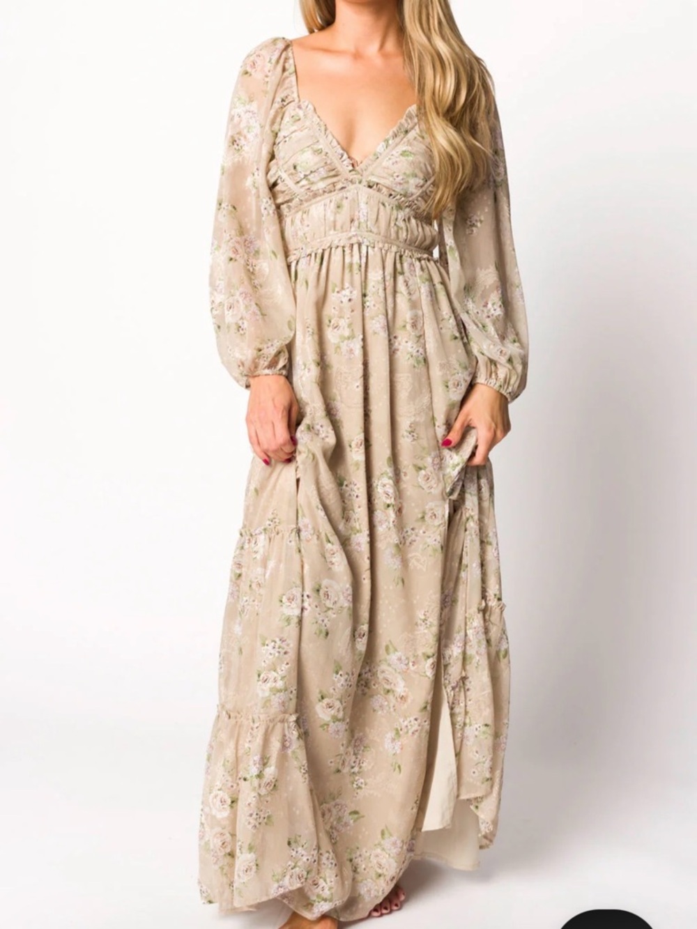 Boho Floral Maxi Dress in Olive with Puff Sleeves - Picture 2 of 5